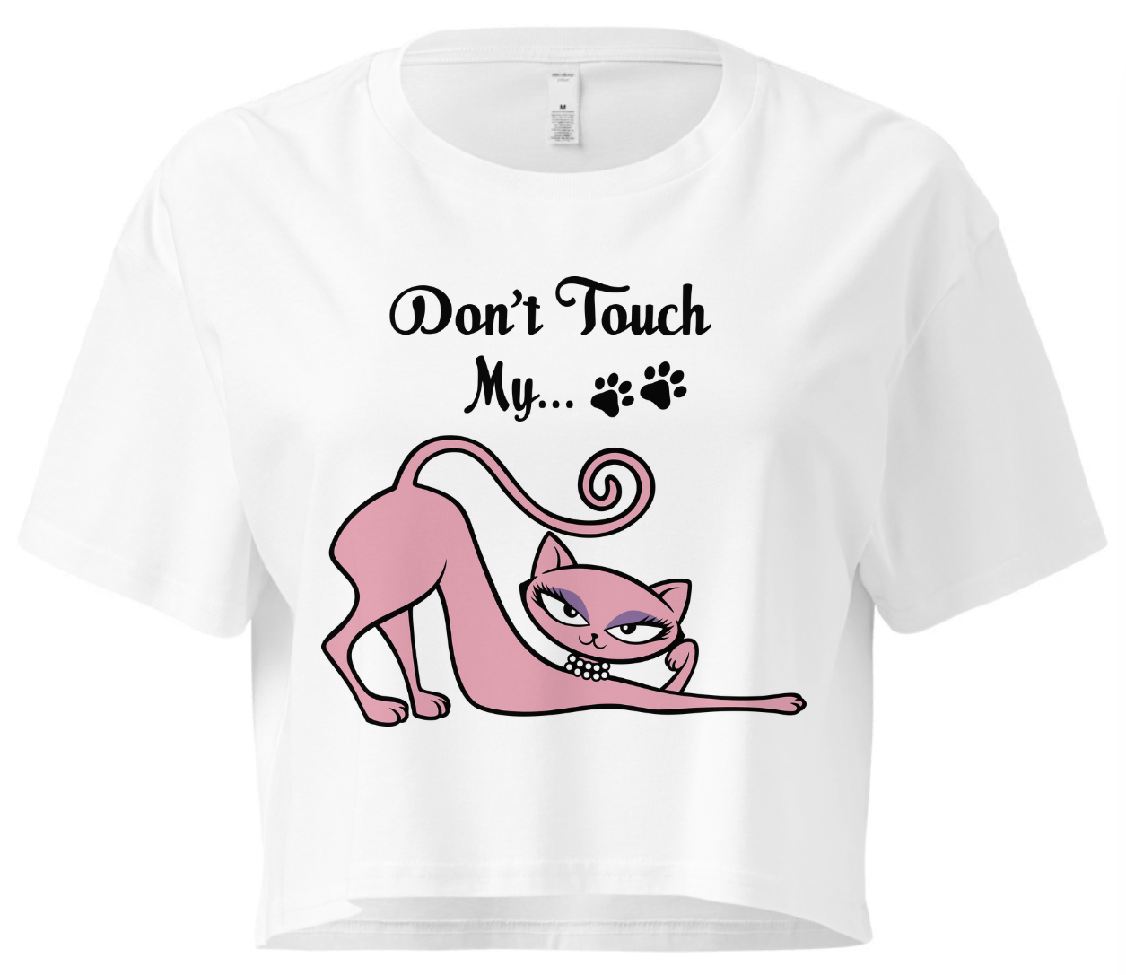 White Don’t Touch My Kitty crop top with pink cat artwork.