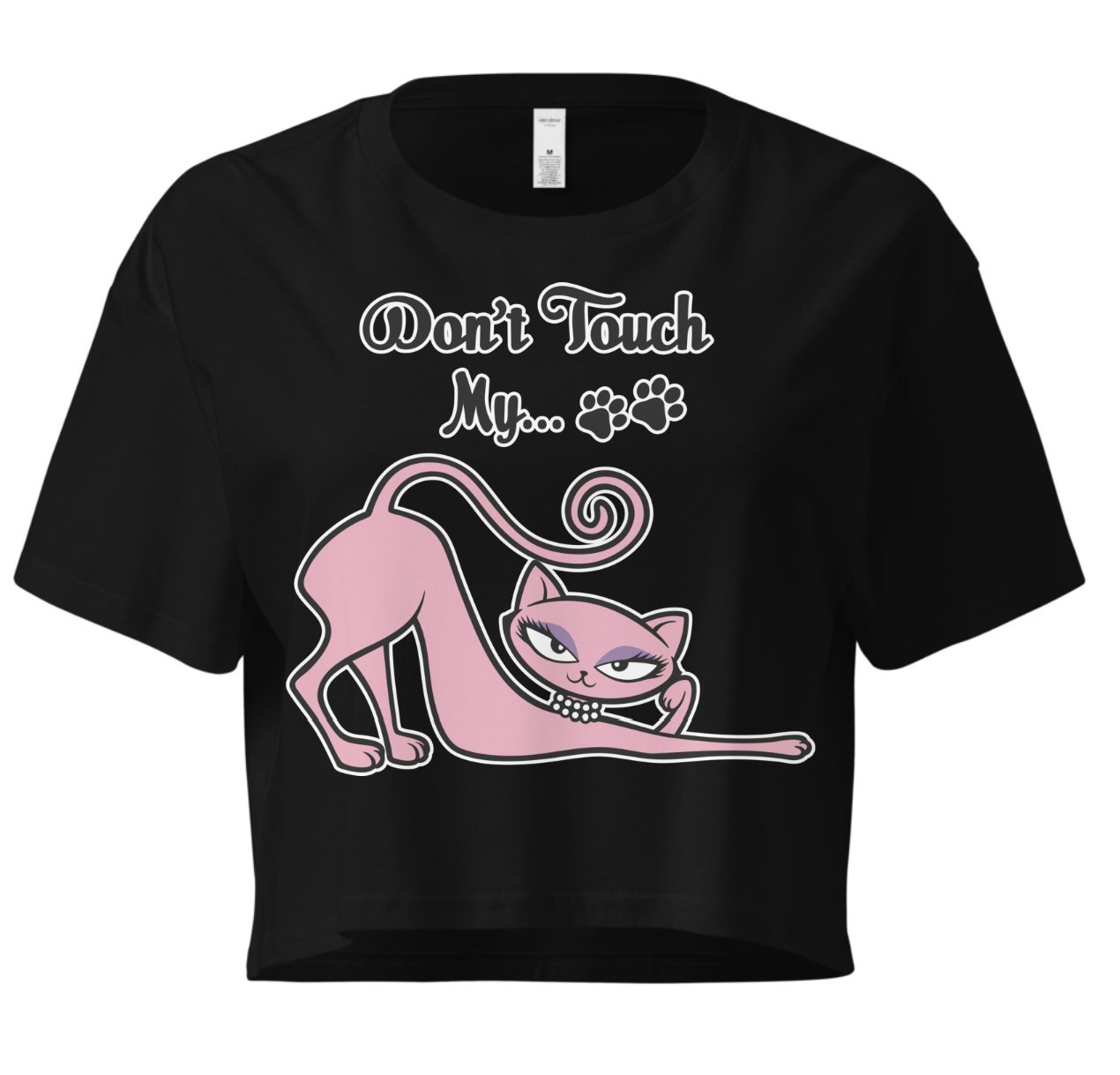 Black Don’t Touch My Kitty crop top with pink cat artwork.