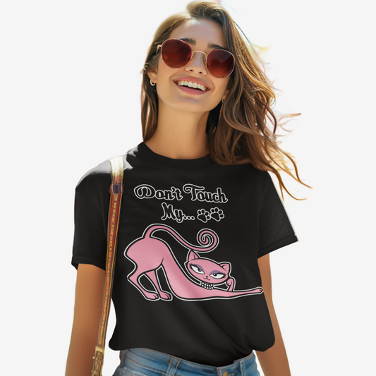 Woman wearing a black Don’t Touch My Kitty tee with pink cat artwork.