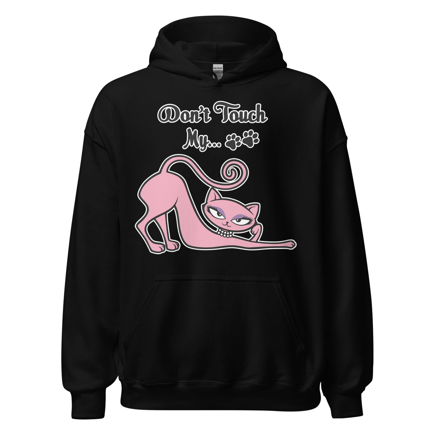 A black Don't Touch My Kitty hoodie featuring the pink cat design.