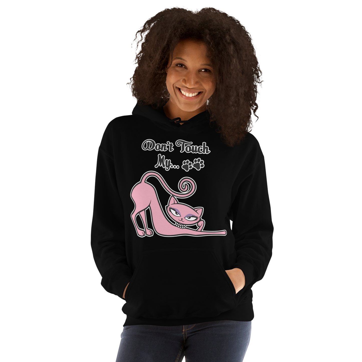 Model wearing a black Don't Touch My Kitty hoodie featuring the pink cat design.
