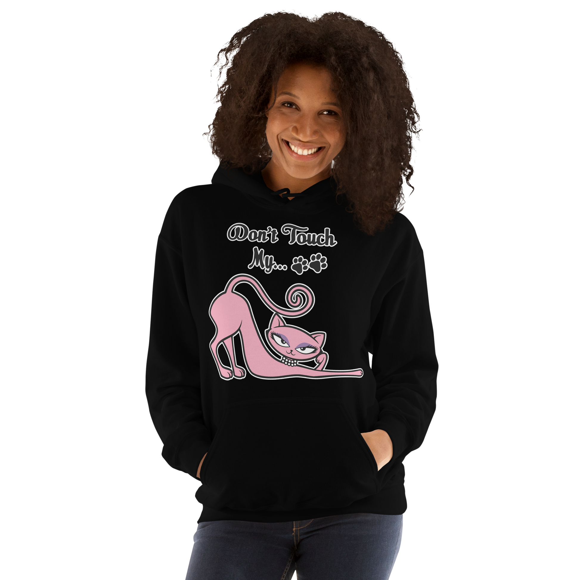 Model wearing a black Don't Touch My Kitty hoodie featuring the pink cat design.