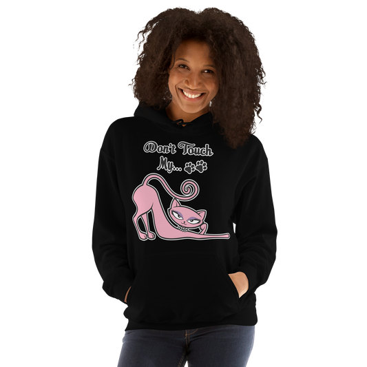Model wearing a black Don't Touch My Kitty hoodie featuring the pink cat design.