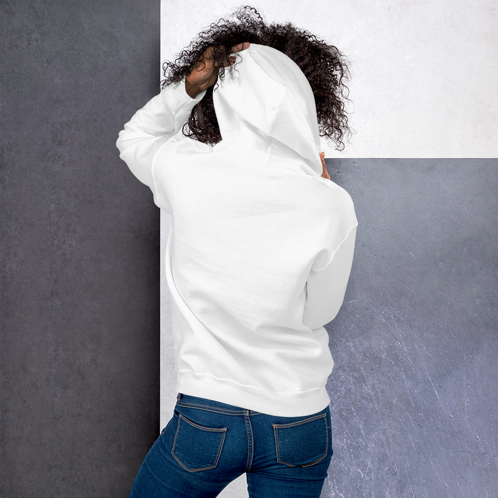 Back view of a model wearing a white Don't Touch My Kitty hoodie.