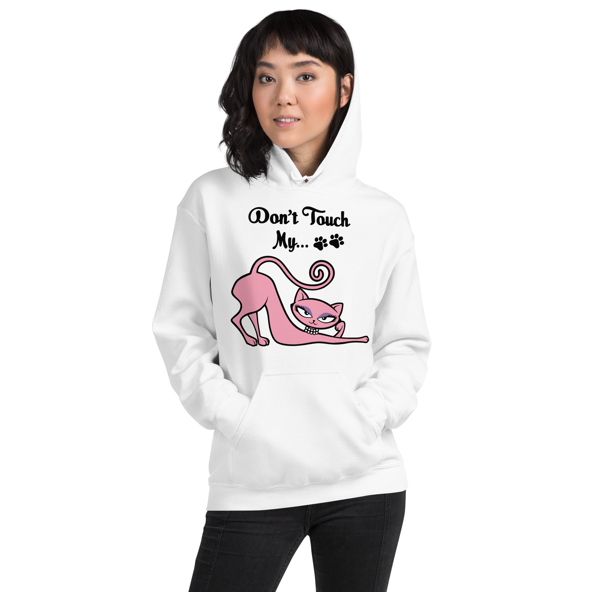 Model wearing a white Don't Touch My Kitty hoodie featuring the pink cat design.