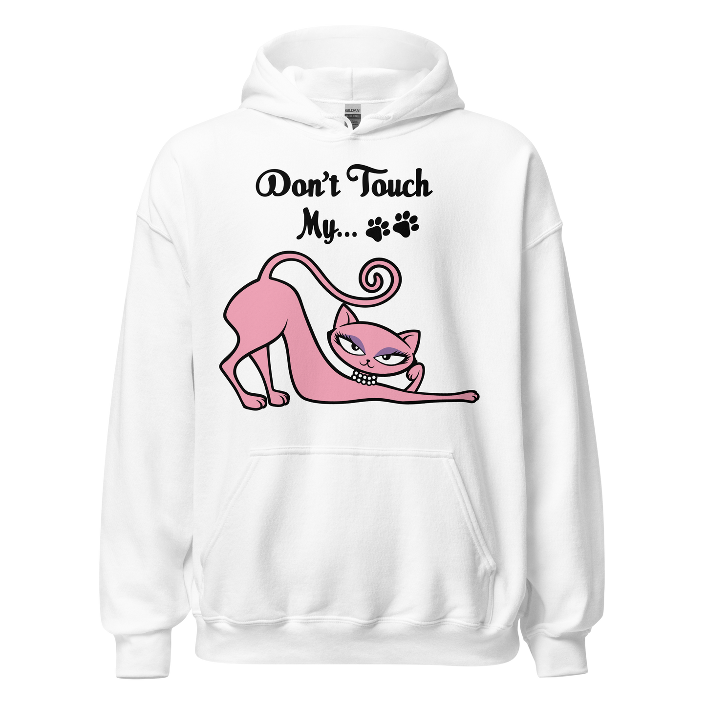 White Don't Touch My Kitty hoodie featuring the pink cat design.