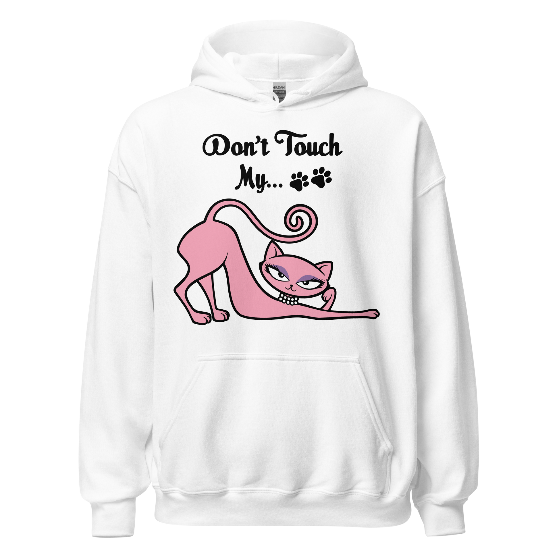 White Don't Touch My Kitty hoodie featuring the pink cat design.