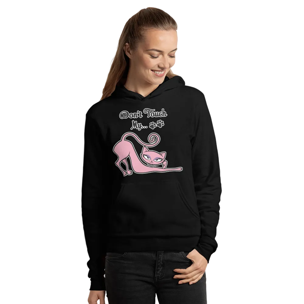 Model wearing a black Don't Touch My Kitty hoodie featuring the pink cat design.