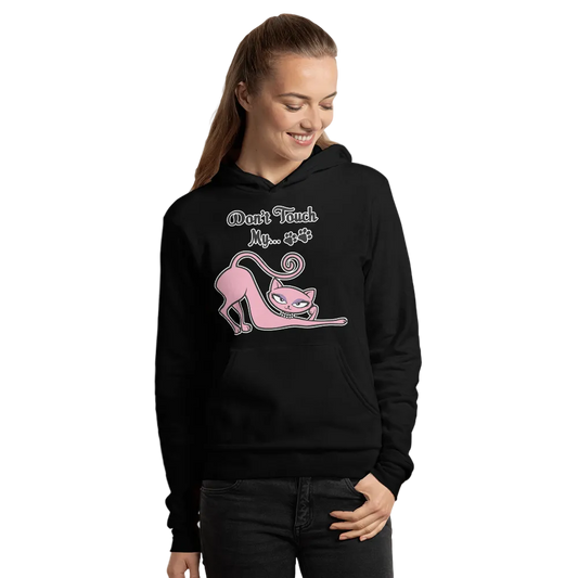 Model wearing a black Don't Touch My Kitty hoodie featuring the pink cat design.