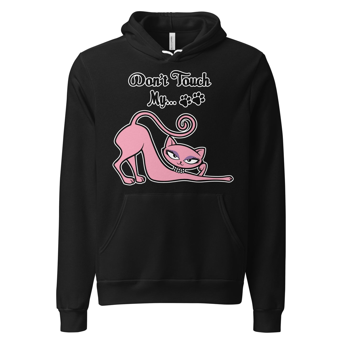 Model wearing a black Don't Touch My Kitty hoodie featuring the pink cat design.