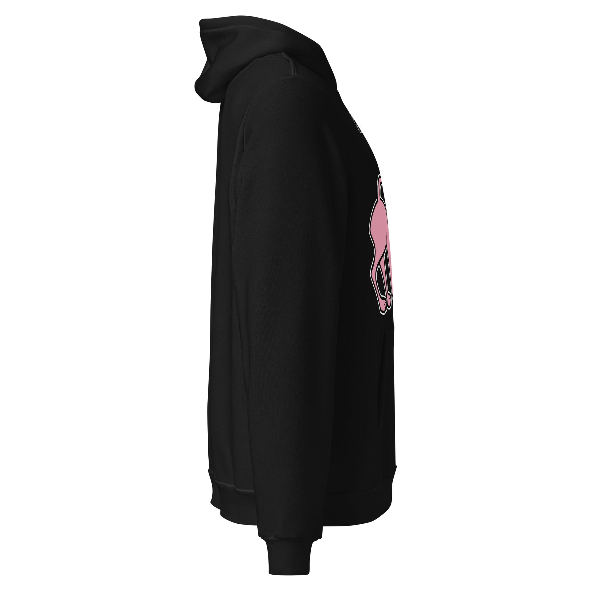 Side view of a black Don't Touch My Kitty hoodie featuring the pink cat design.