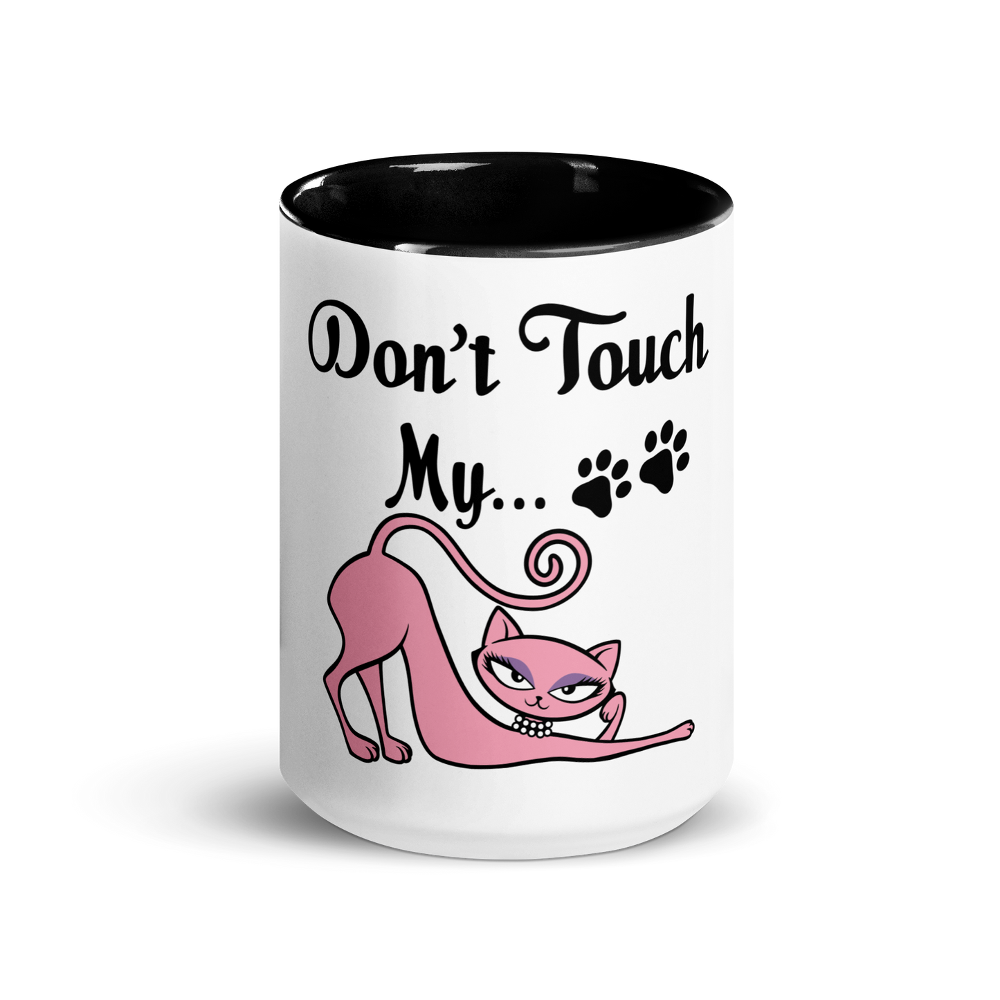 White ceramic mug with black interior featuring the Don't Touch My Kitty pink cat design.