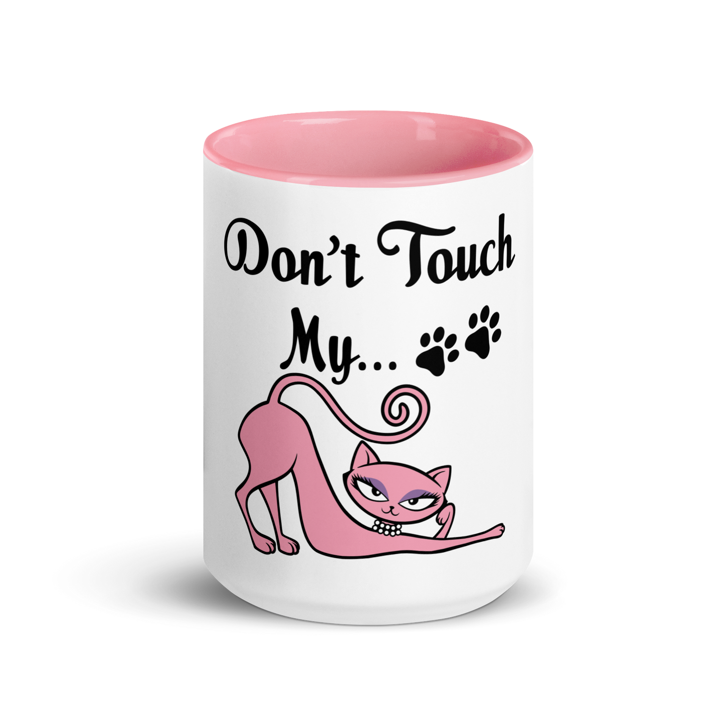 White ceramic mug with pink interior featuring the Don't Touch My Kitty pink cat design.