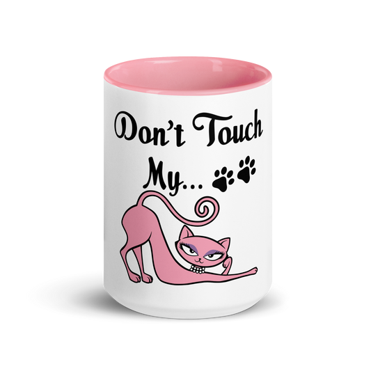 White ceramic mug with pink interior featuring the Don't Touch My Kitty pink cat design.
