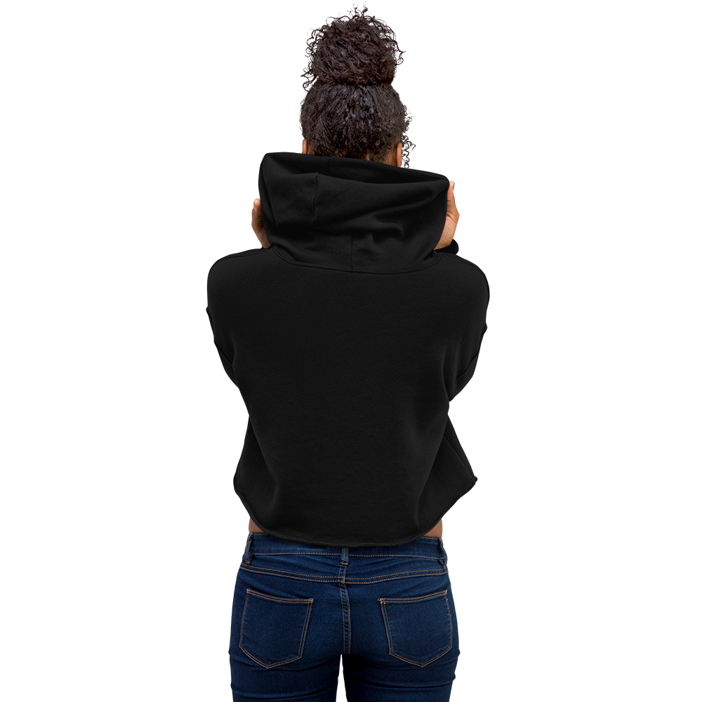 Back view of a model wearing a black cropped Don't Touch My Kitty hoodie with the hood raised.