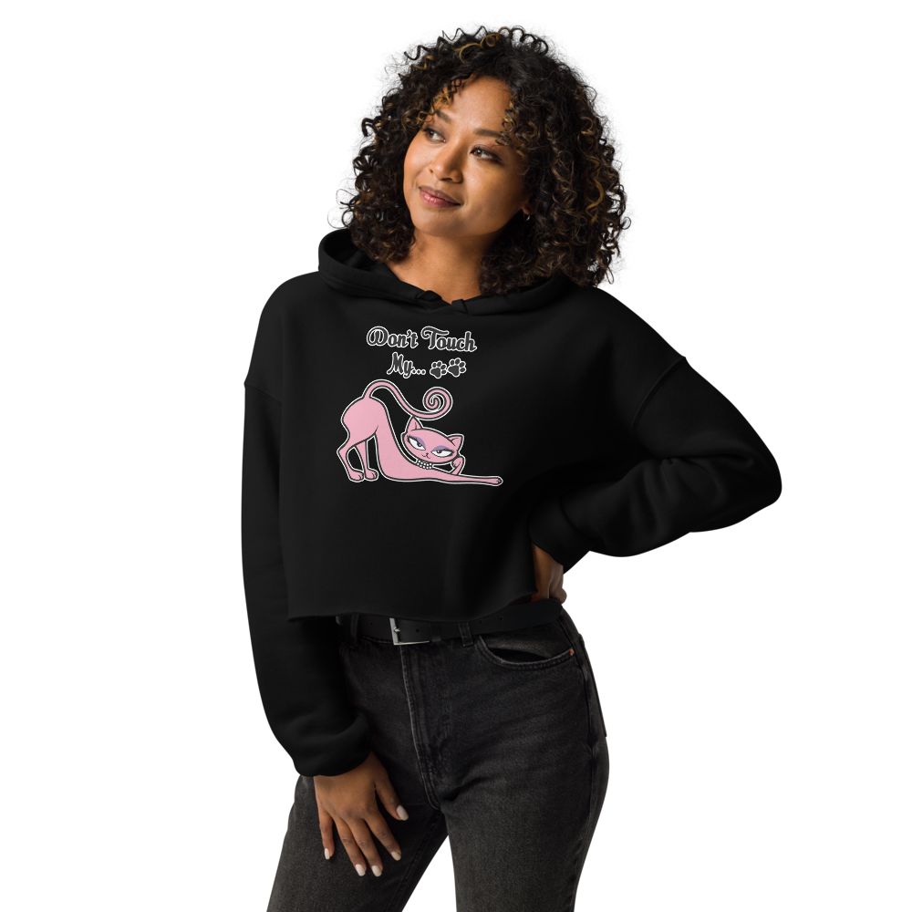Model wearing a black cropped Don't Touch My Kitty hoodie featuring the pink cat design.