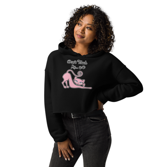 Model wearing a black cropped Don't Touch My Kitty hoodie featuring the pink cat design.
