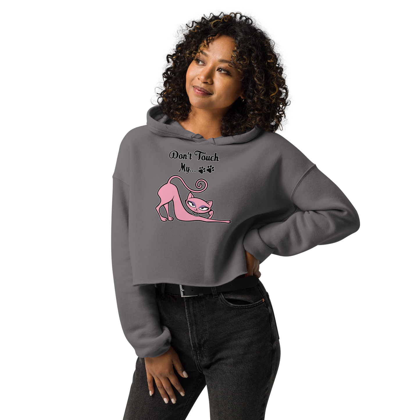 Model wearing a gray cropped Don't Touch My Kitty hoodie featuring the pink cat design.