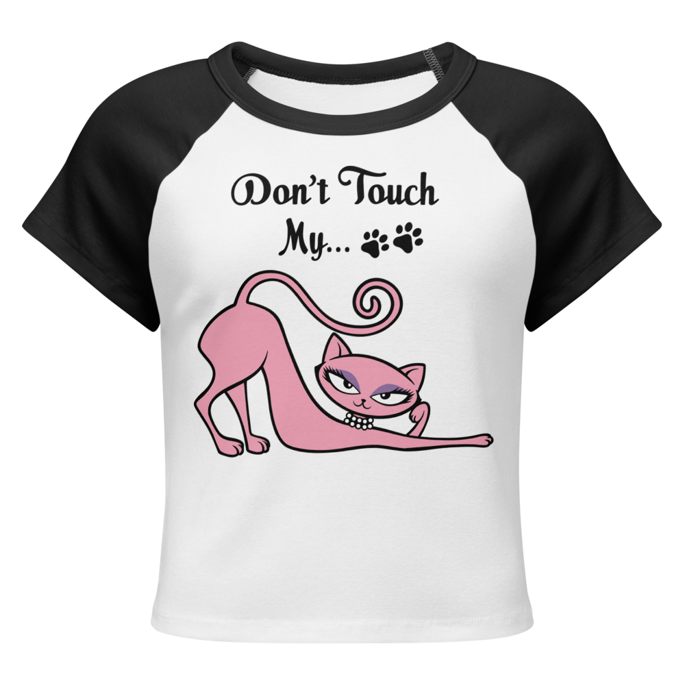 White and black raglan baby tee featuring the Don't Touch My Kitty pink cat design.