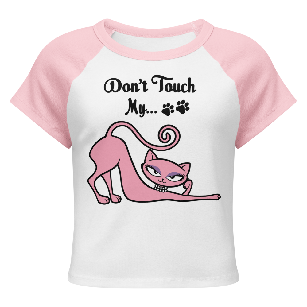 White and pink raglan baby tee featuring the Don't Touch My Kitty pink cat design.