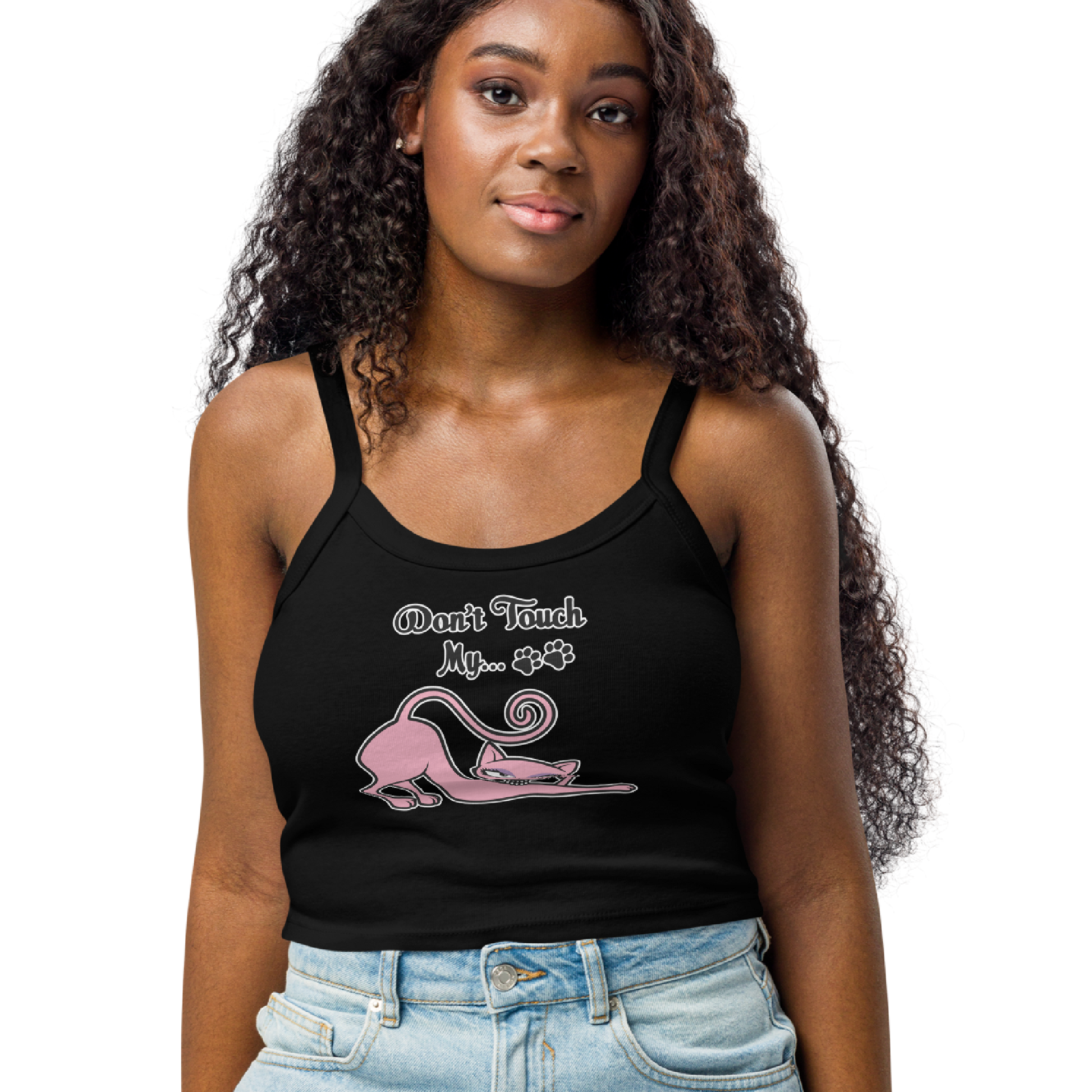 Model wearing a black micro rib tank top featuring the Don't Touch My Kitty pink cat design.