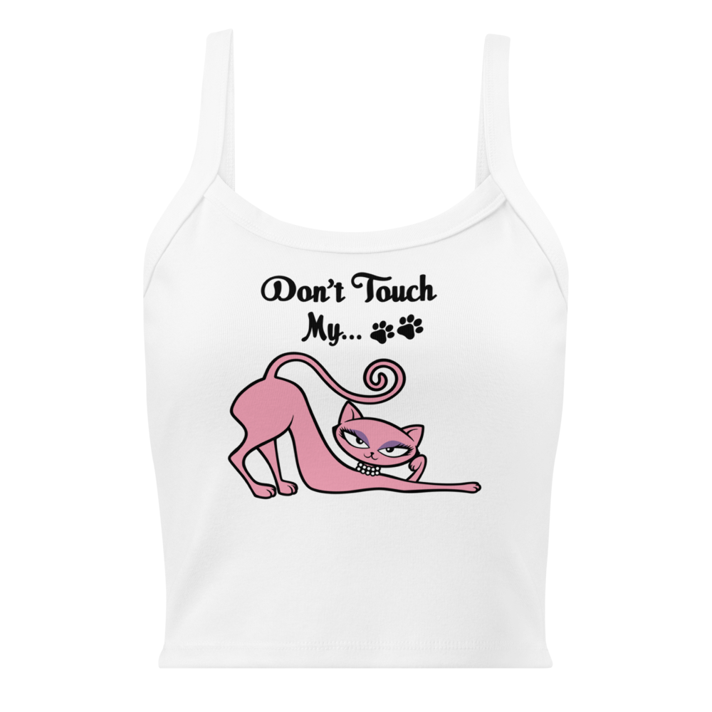 White micro rib tank top featuring the Don't Touch My Kitty pink cat design