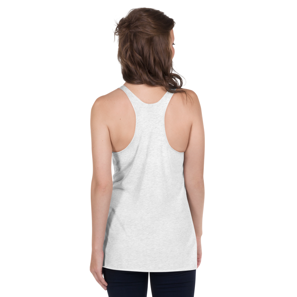 Back view of a model wearing a white Don't Touch My Kitty racerback tank top.