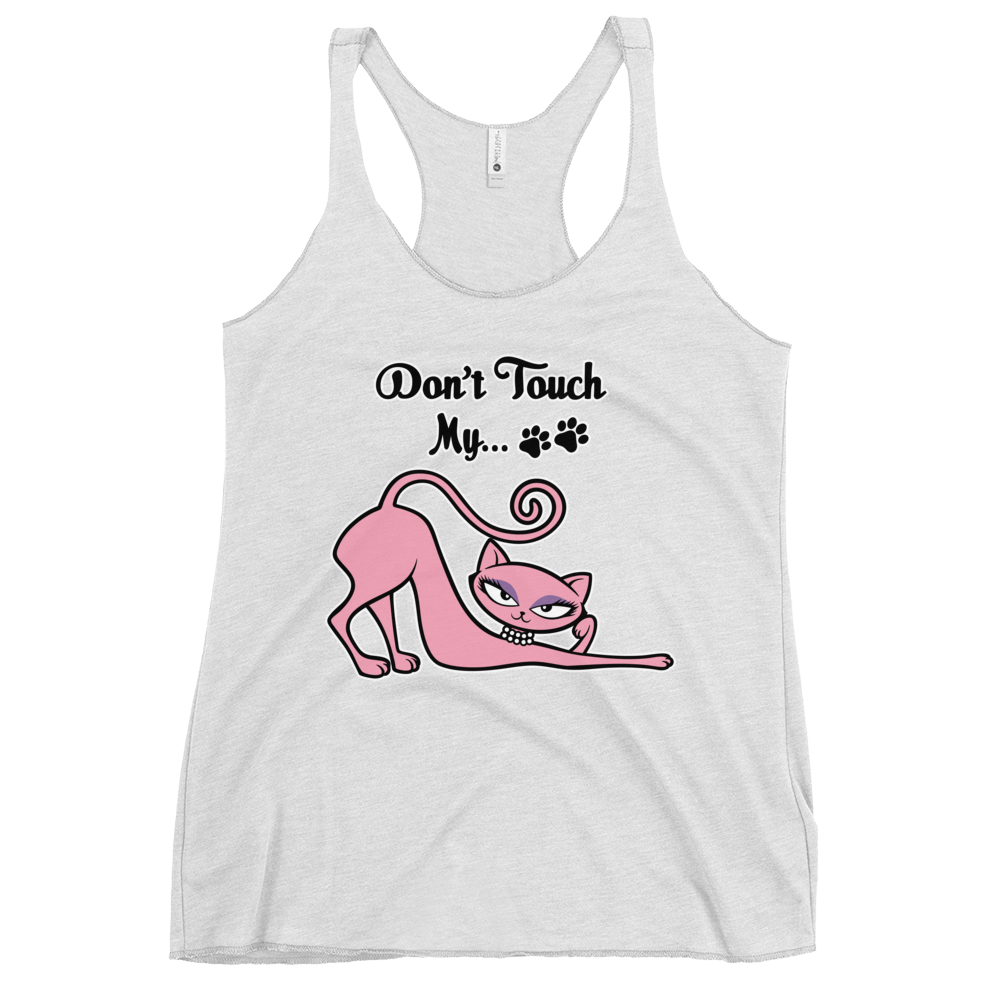 White Don't Touch My Kitty racerback tank top featuring the pink cat design.
