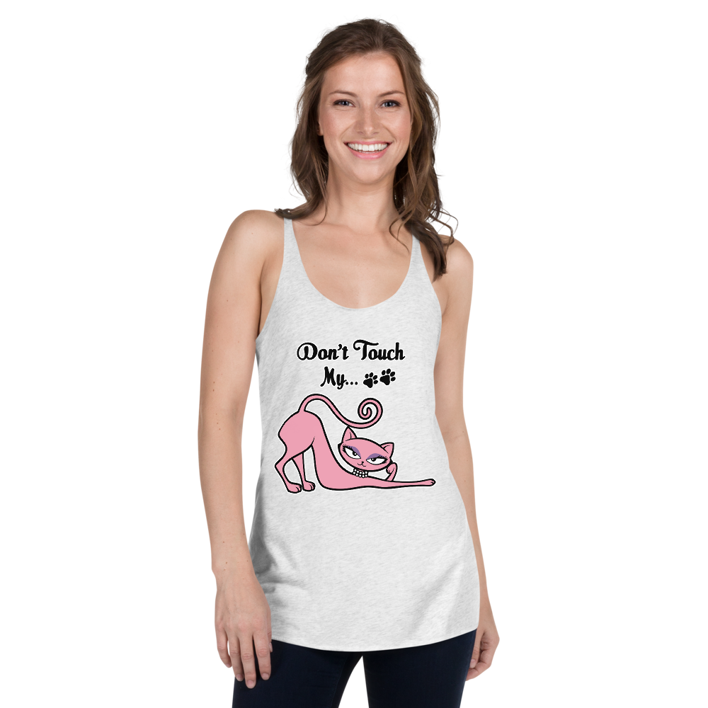 Model wearing a white Don't Touch My Kitty racerback tank top featuring the pink cat design.