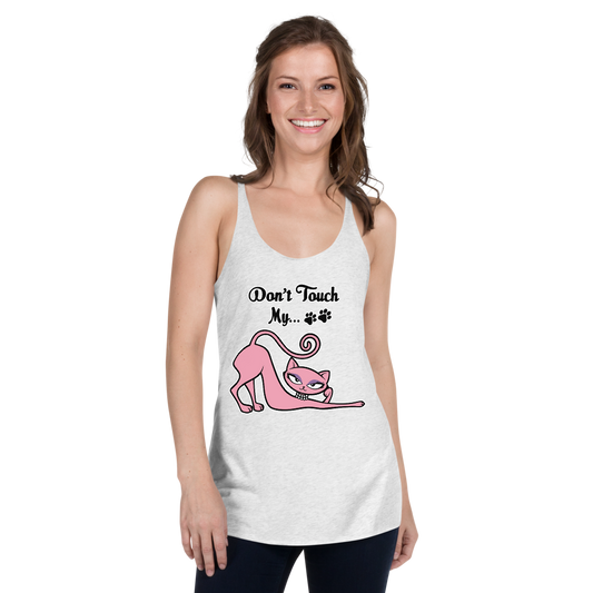 Model wearing a white Don't Touch My Kitty racerback tank top featuring the pink cat design.