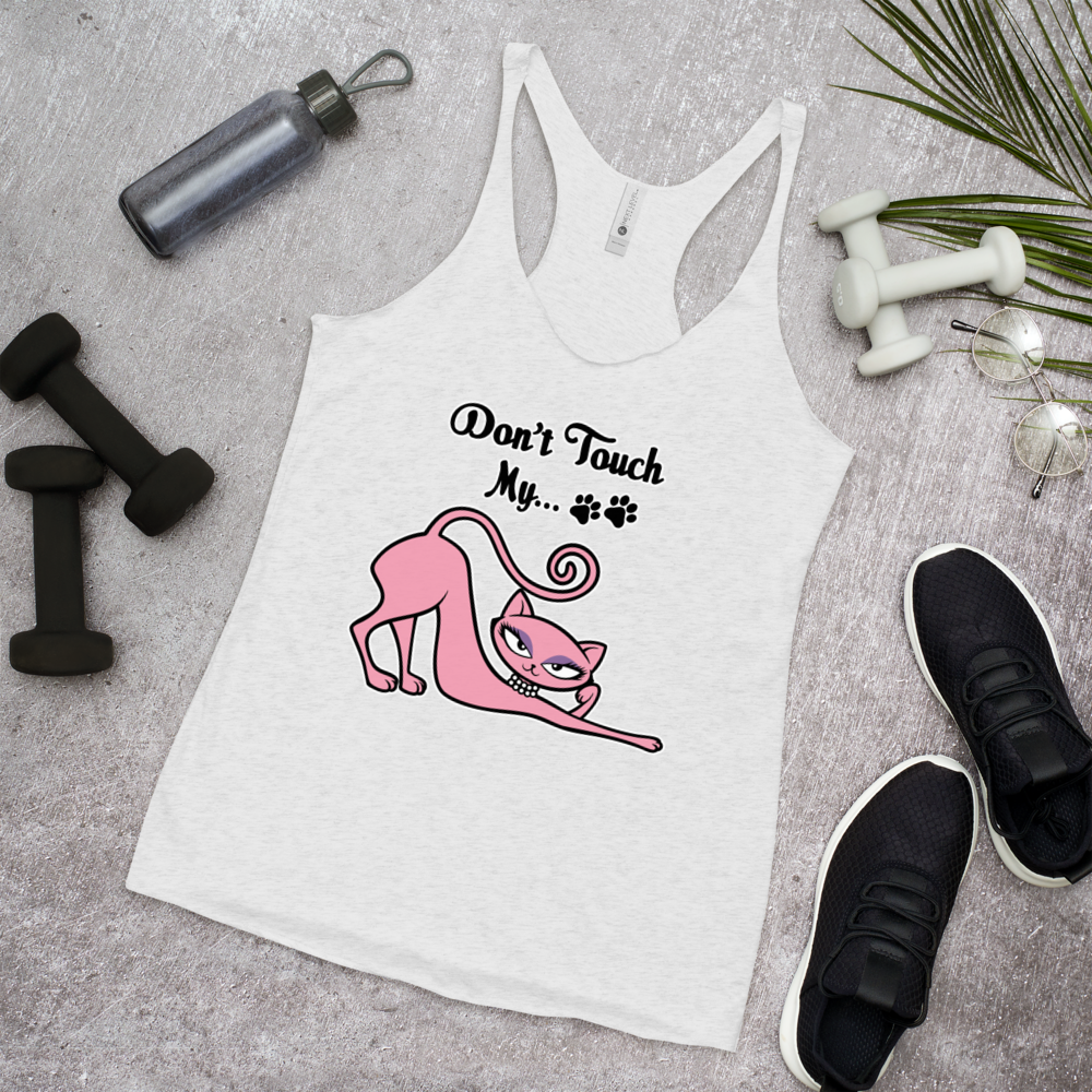 White Don't Touch My Kitty racerback tank top featuring the pink cat design styled with workout accessories.