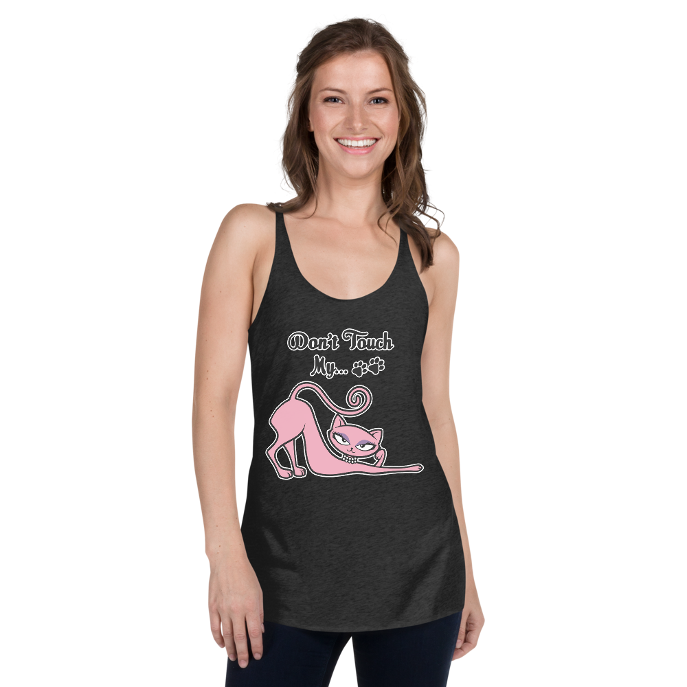 Model wearing a black Don't Touch My Kitty racerback tank top featuring the pink cat design.