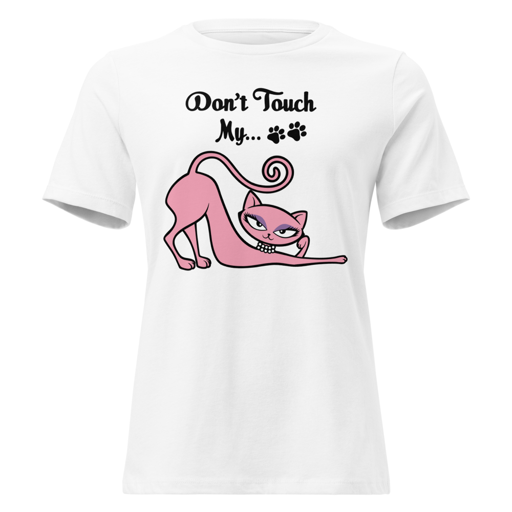 White Don’t Touch My Kitty tee with pink cat artwork.