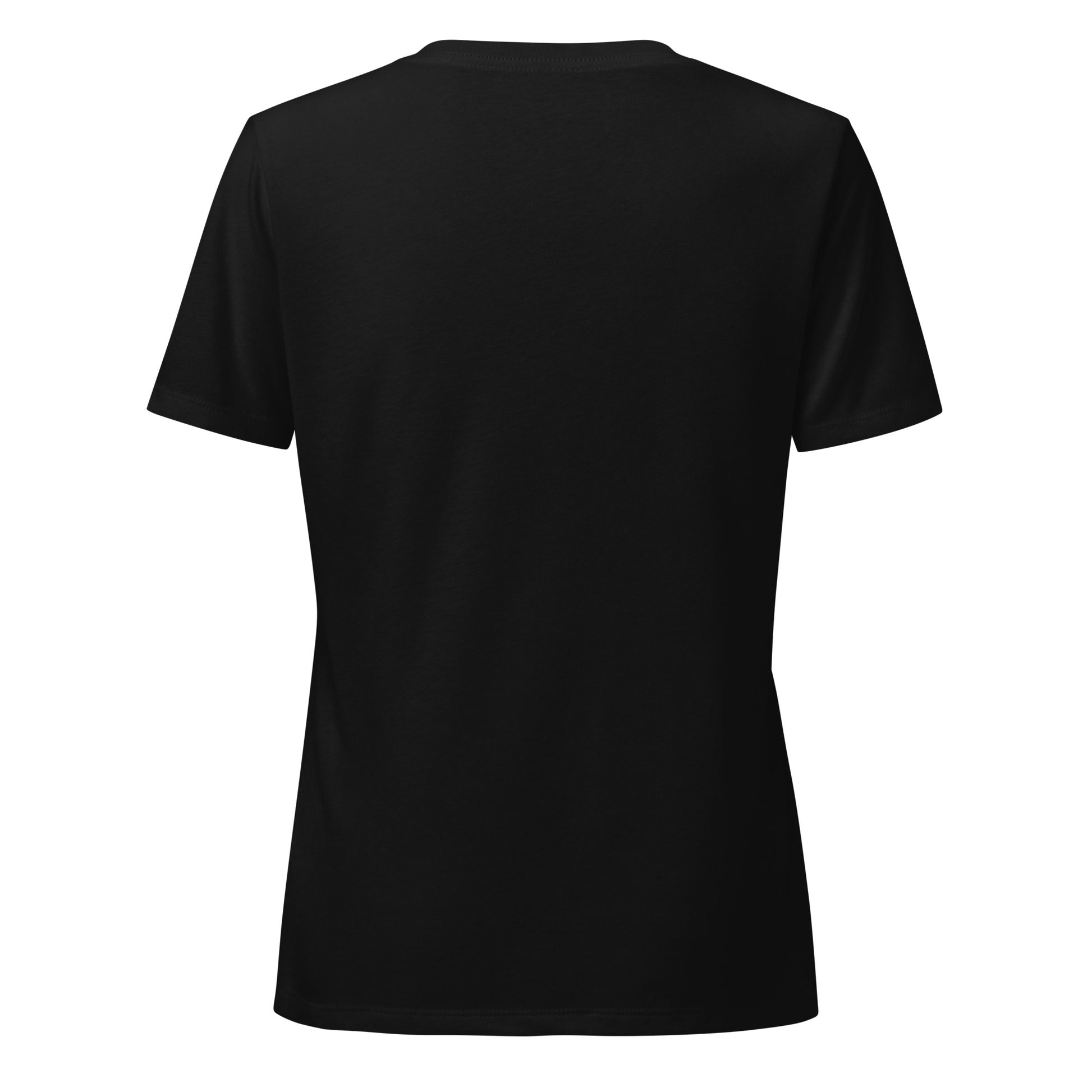 Back view of a model wearing a plain black V-neck tee.