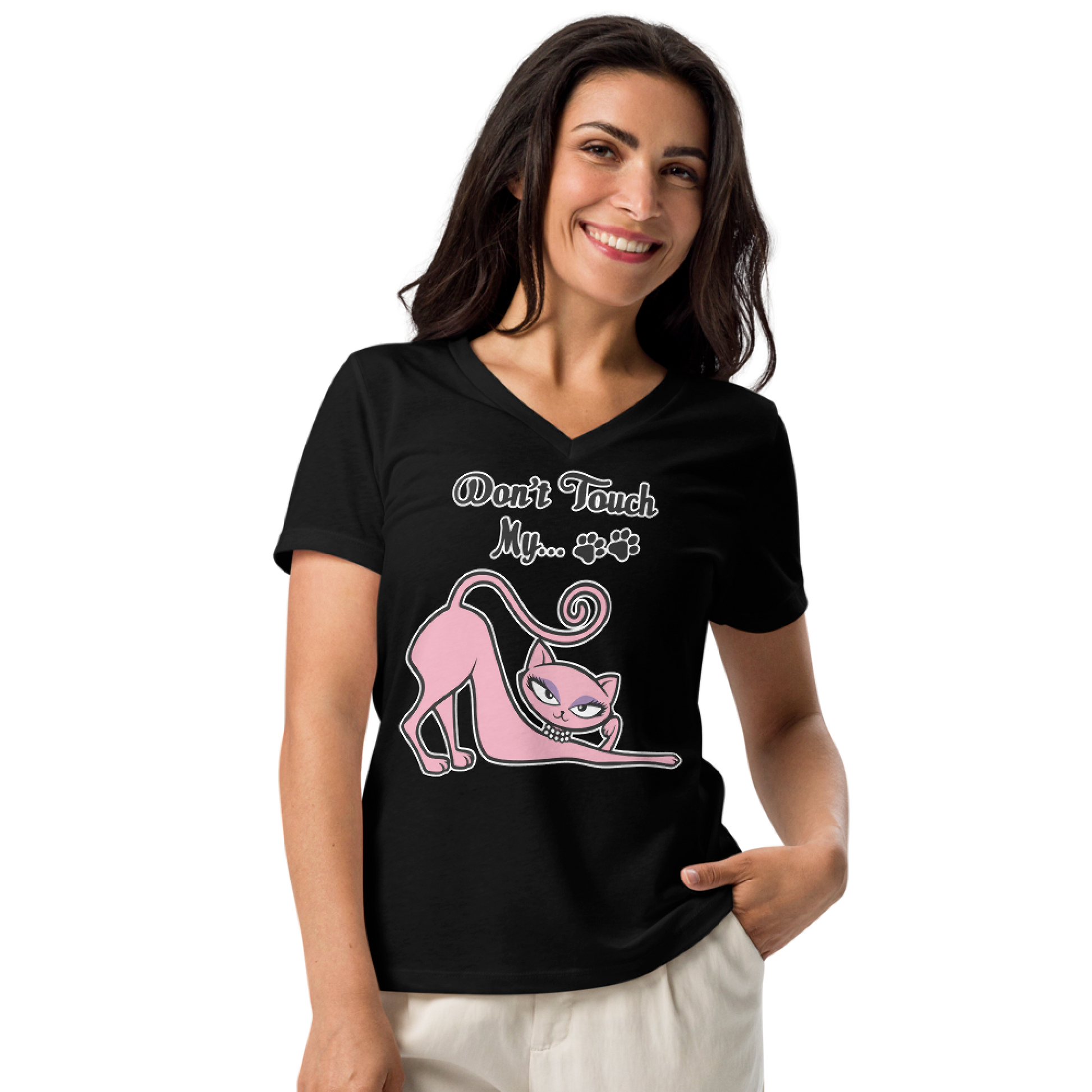 Smiling woman wearing a black Don’t Touch My Kitty V-neck tee with pink cat artwork.