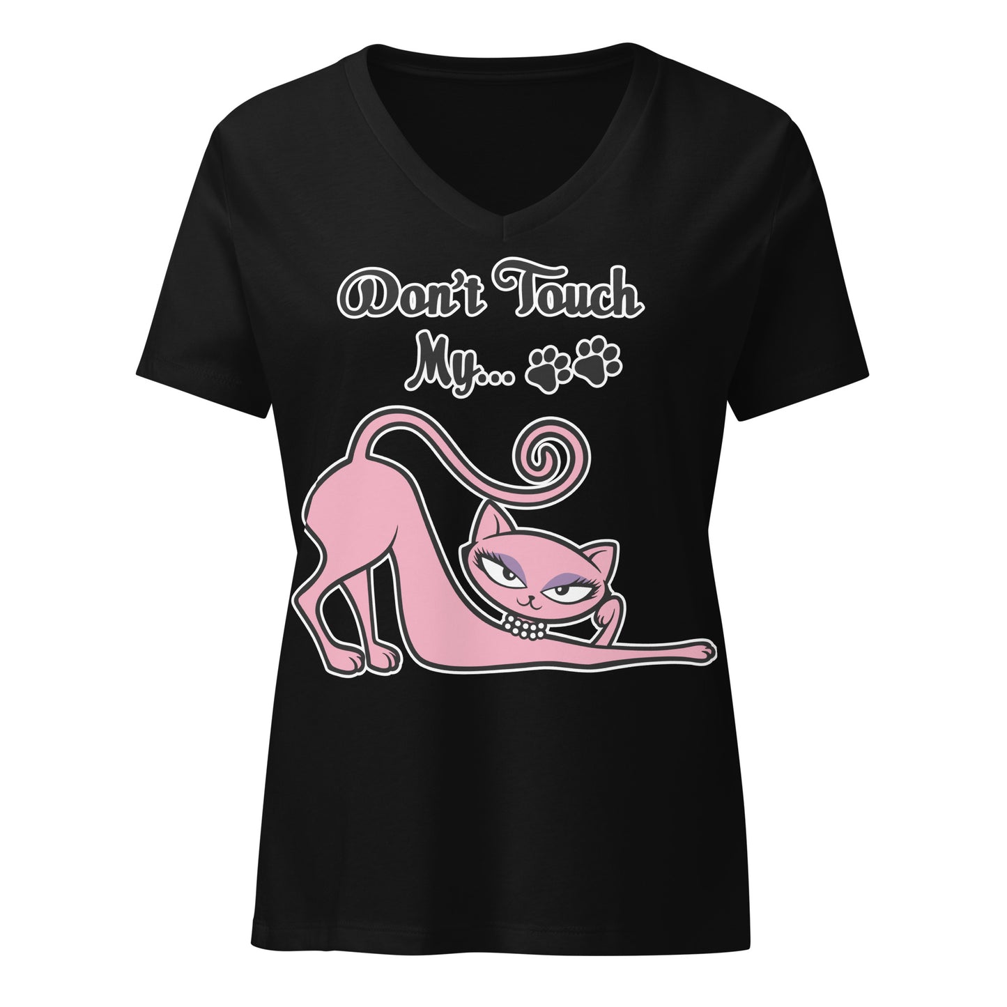 Black Don’t Touch My Kitty V-neck tee with pink cat artwork.