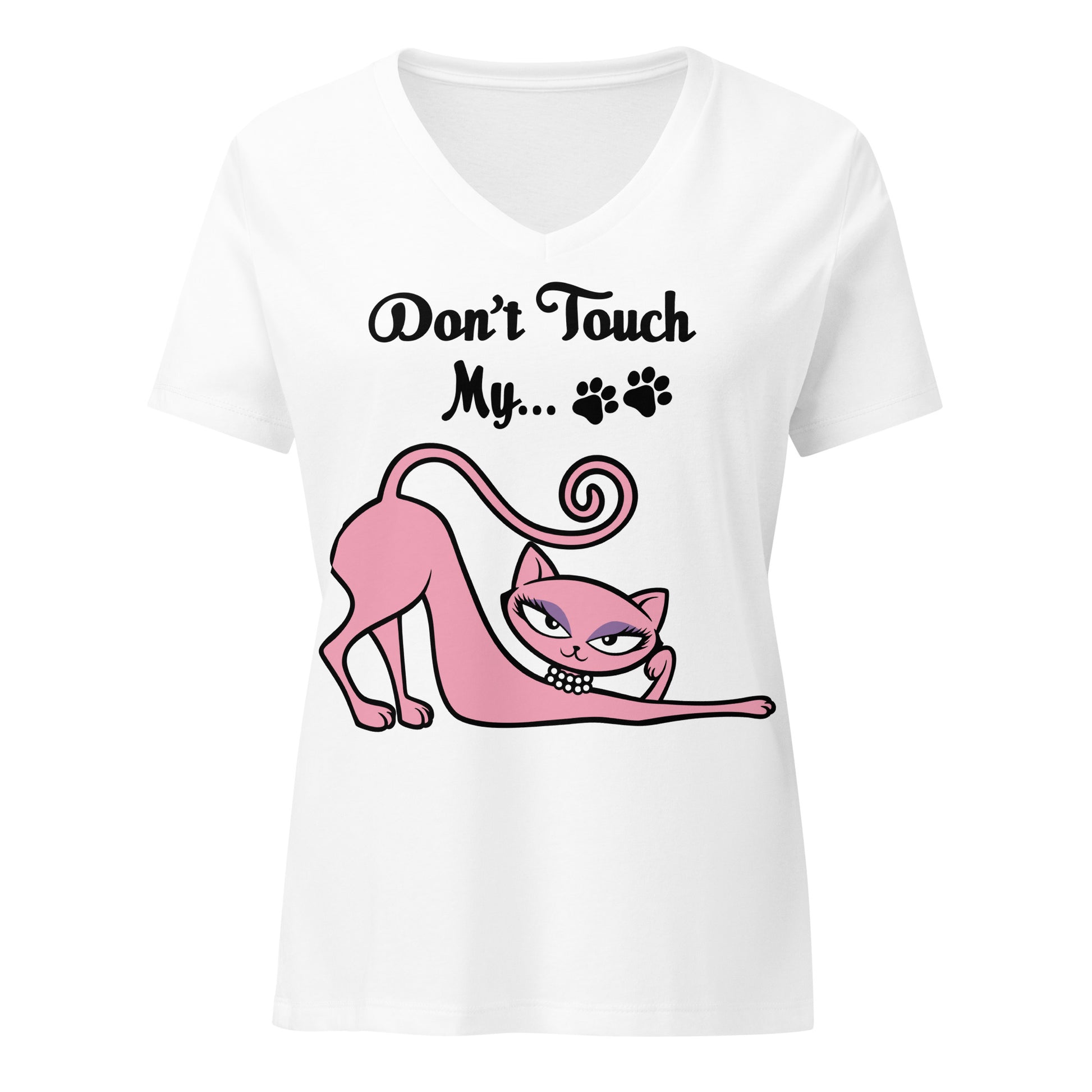 White Don’t Touch My Kitty V-neck tee with pink cat artwork.