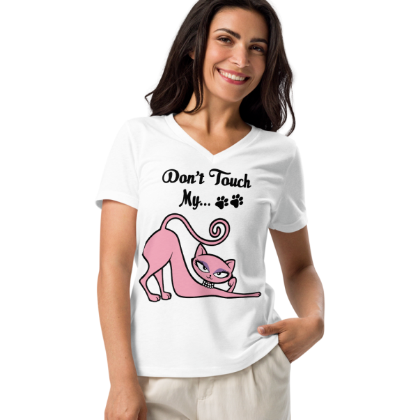 Smiling woman wearing a white Don’t Touch My Kitty V-neck tee with pink cat artwork.