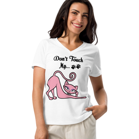 Smiling woman wearing a white Don’t Touch My Kitty V-neck tee with pink cat artwork.